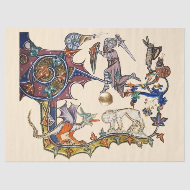MEDIEVAL BESTIARY WAR Snail vs Knight ,Dragon.Lion Tissue Paper (Front)