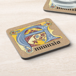 Medieval Blue and Red Ivy Illuminated Letter A Coaster