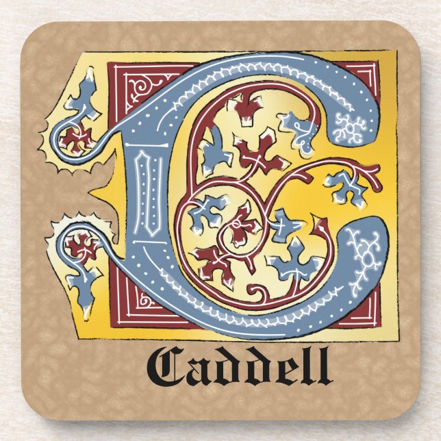 Medieval Blue and Red Ivy Illuminated Letter C Coaster (Front)