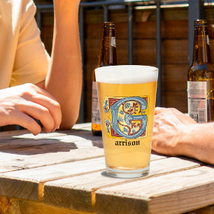 Medieval Blue and Red Ivy Illuminated Letter G Glass