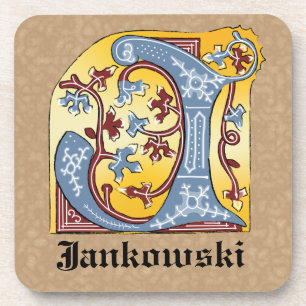 Medieval Blue and Red Ivy Illuminated Letter J Coaster