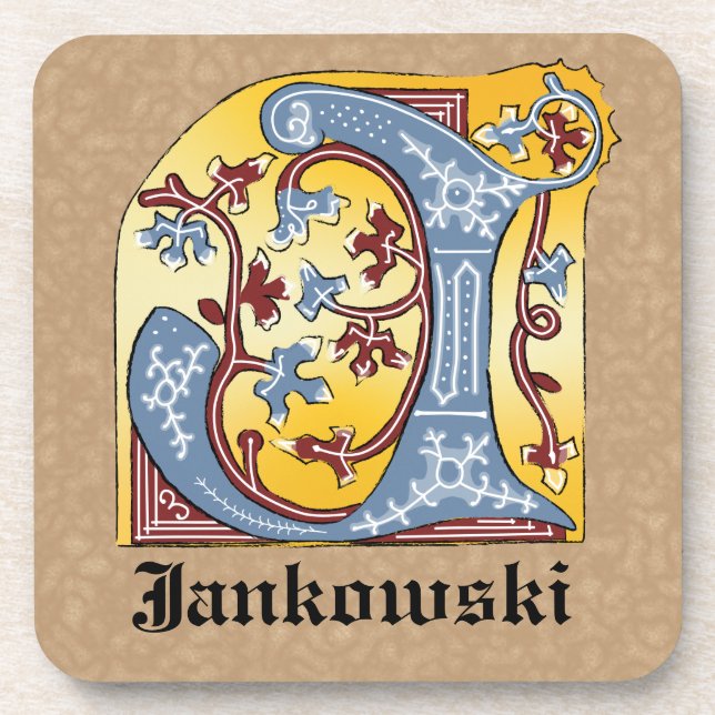 Medieval Blue and Red Ivy Illuminated Letter J Coaster (Front)