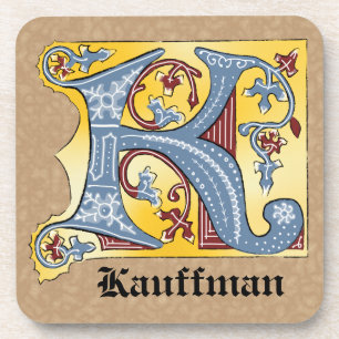 Medieval Blue and Red Ivy Illuminated Letter K Coaster