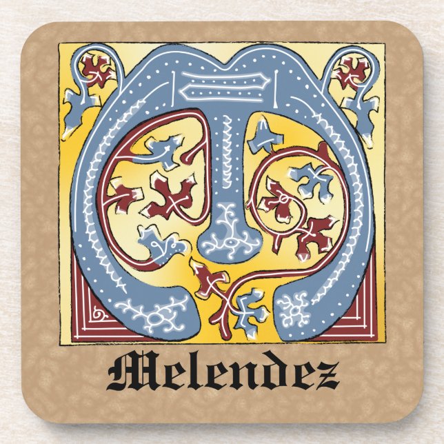 Medieval Blue and Red Ivy Illuminated Letter M Coaster (Front)