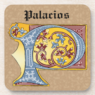 Medieval Blue and Red Ivy Illuminated Letter P Coaster