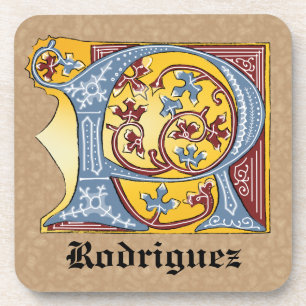 Medieval Blue and Red Ivy Illuminated Letter R Coaster