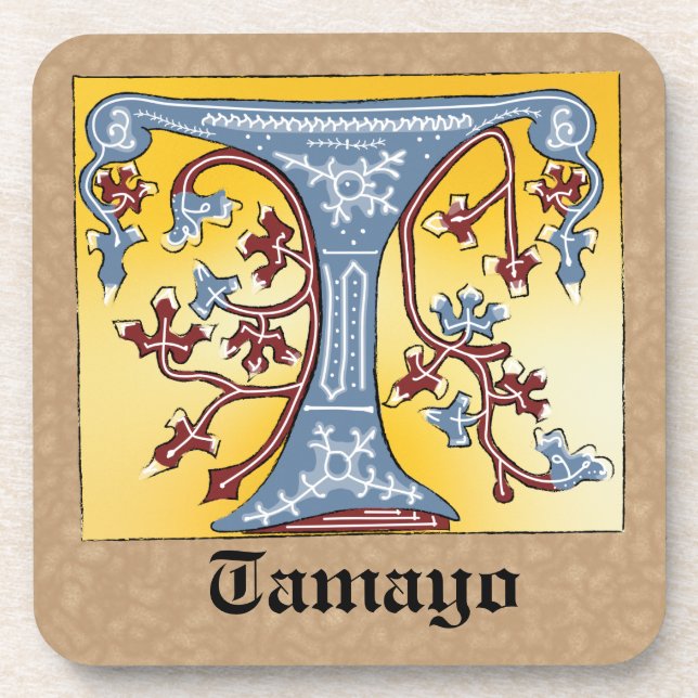Medieval Blue and Red Ivy Illuminated Letter T Coaster (Front)