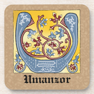 Medieval Blue and Red Ivy Illuminated Letter U Coaster