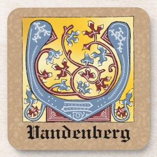 Medieval Blue and Red Ivy Illuminated Letter V Coaster