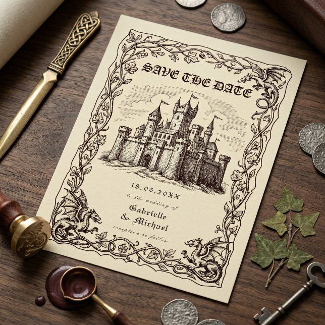 Medieval Castle Sepia Illustration Wedding Save The Date (Creator Uploaded)