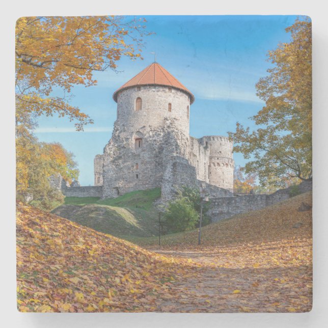 Medieval castle surrounded by forest stone coaster (Front)