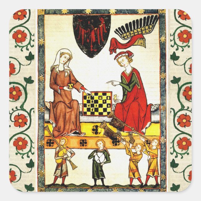 MEDIEVAL CHESS PLAYERS IN COURT AND RED WILD ROSES SQUARE STICKER (Front)