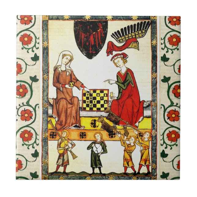 MEDIEVAL CHESS PLAYERS IN COURT AND RED WILD ROSES TILE (Front)