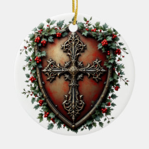Medieval Christmas Shield with Gothic Cross Ceramic Tree Decoration