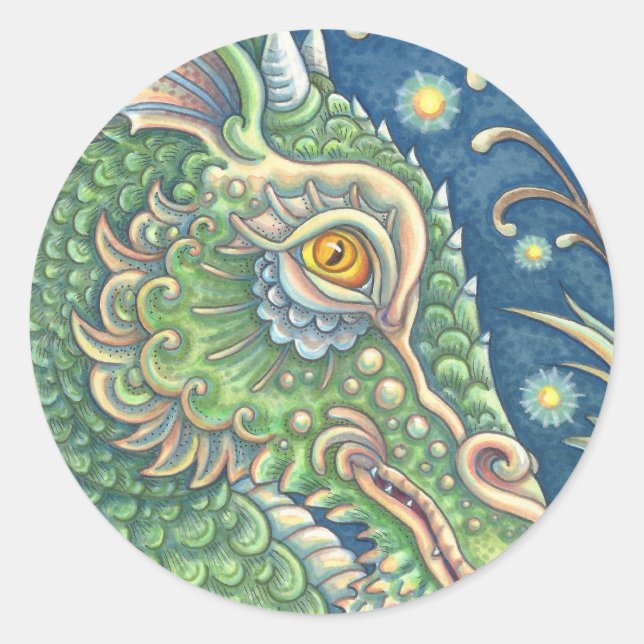 MEDIEVAL DRAGON HEAD PORTRAIT, WHIMSICAL FANTASY CLASSIC ROUND STICKER (Front)