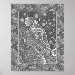 MEDIEVAL DRAGON HEAD PORTRAIT, WHIMSICAL FANTASY POSTER