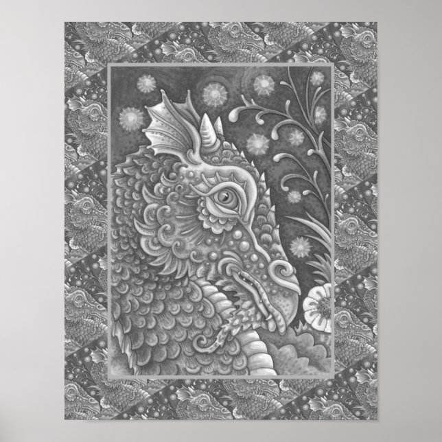 MEDIEVAL DRAGON HEAD PORTRAIT, WHIMSICAL FANTASY POSTER (Front)