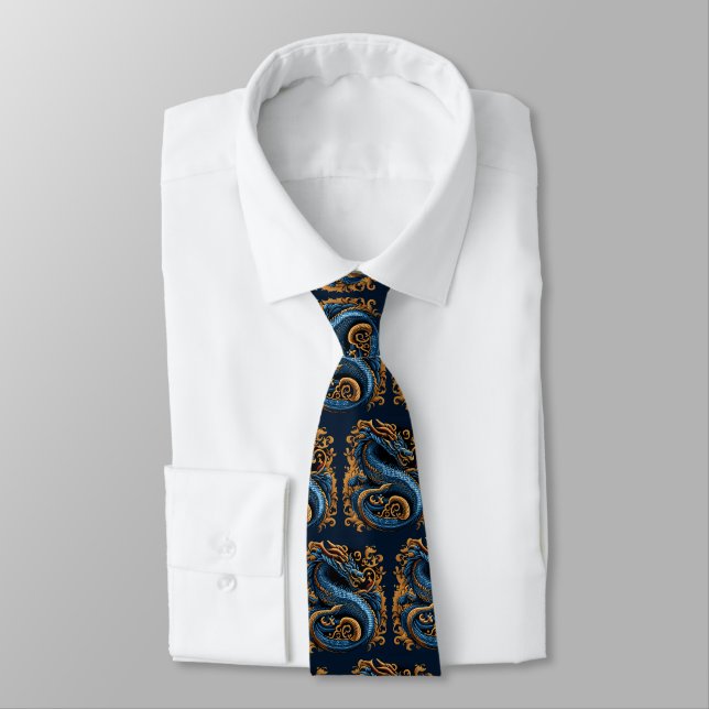 Medieval Dragon Royal Blue Tie (Tied)