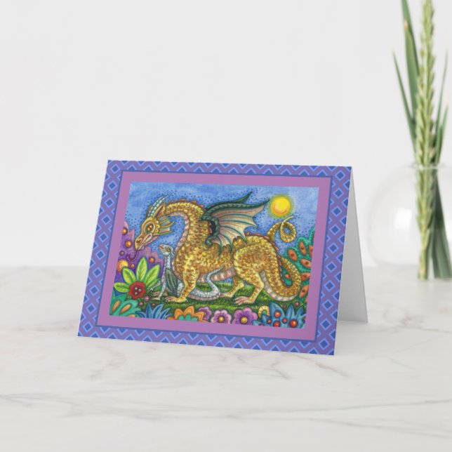 MEDIEVAL DRAGON & YOUNG, COLORFUL FOLK ART GARDEN CARD (Front)