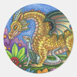 MEDIEVAL DRAGON & YOUNG, COLORFUL FOLK ART GARDEN  CLASSIC ROUND STICKER