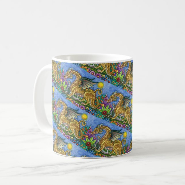 MEDIEVAL DRAGON & YOUNG, COLORFUL FOLK ART GARDEN COFFEE MUG (Front Left)