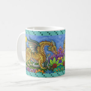 MEDIEVAL DRAGON & YOUNG, COLORFUL FOLK ART GARDEN COFFEE MUG