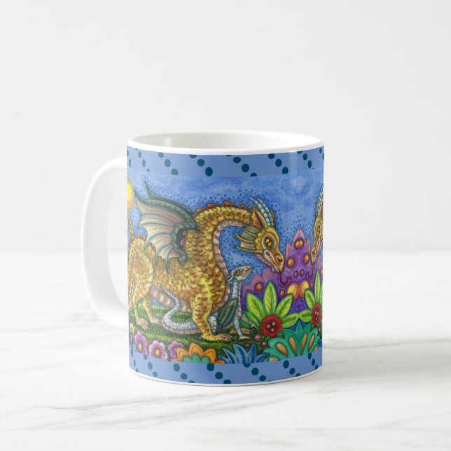 MEDIEVAL DRAGON & YOUNG, COLORFUL FOLK ART GARDEN COFFEE MUG (Front Left)
