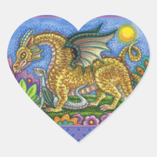 MEDIEVAL DRAGON & YOUNG, COLORFUL FOLK ART GARDEN HEART STICKER