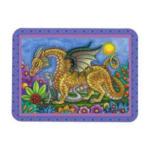 MEDIEVAL DRAGON & YOUNG, COLORFUL FOLK ART GARDEN MAGNET