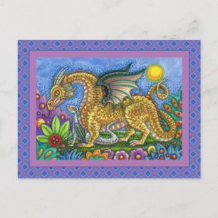 MEDIEVAL DRAGON & YOUNG, COLORFUL FOLK ART GARDEN POSTCARD