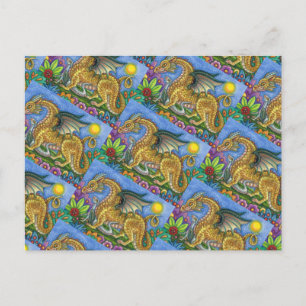 MEDIEVAL DRAGON & YOUNG, COLORFUL FOLK ART GARDEN POSTCARD