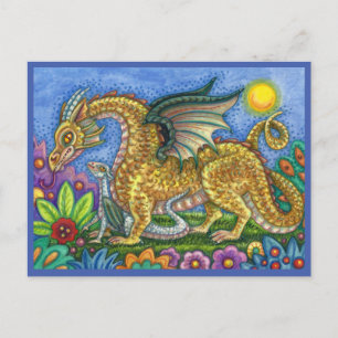 MEDIEVAL DRAGON & YOUNG, COLORFUL FOLK ART GARDEN POSTCARD