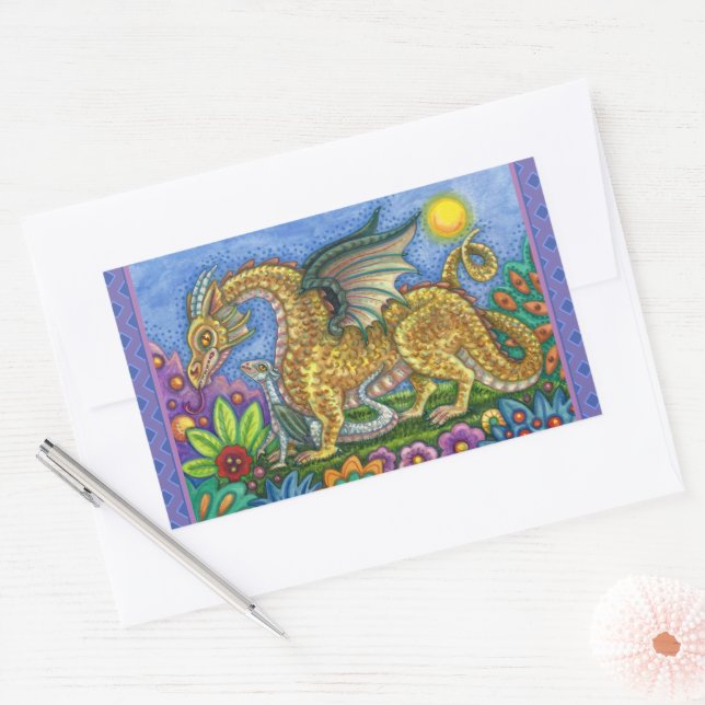 MEDIEVAL DRAGON & YOUNG, COLORFUL FOLK ART GARDEN RECTANGULAR STICKER (Envelope)