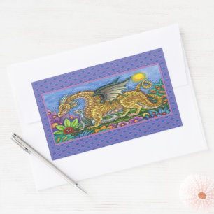 MEDIEVAL DRAGON & YOUNG, COLORFUL FOLK ART GARDEN RECTANGULAR STICKER