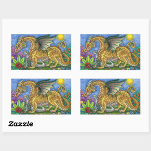 MEDIEVAL DRAGON & YOUNG, COLORFUL FOLK ART GARDEN RECTANGULAR STICKER