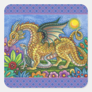 MEDIEVAL DRAGON & YOUNG, COLORFUL FOLK ART GARDEN SQUARE STICKER