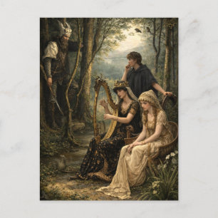 Medieval Fairy Tale Queen In Woods With Harp Postcard