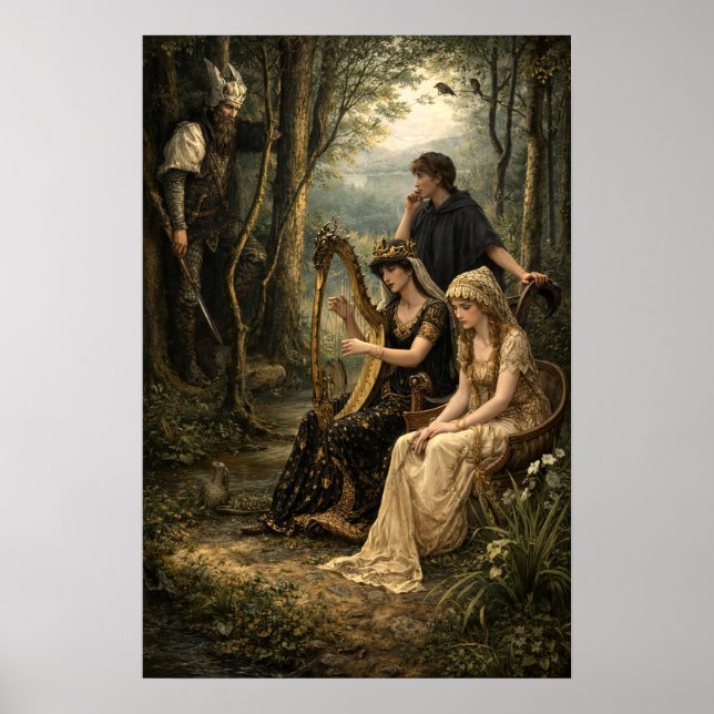 Medieval Fairy Tale Queen In Woods With Harp Poster (Front)