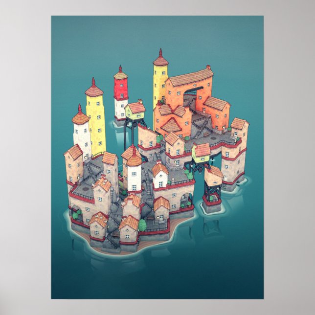 Medieval Fantasy Fortress Island Town Illustration Poster (Front)
