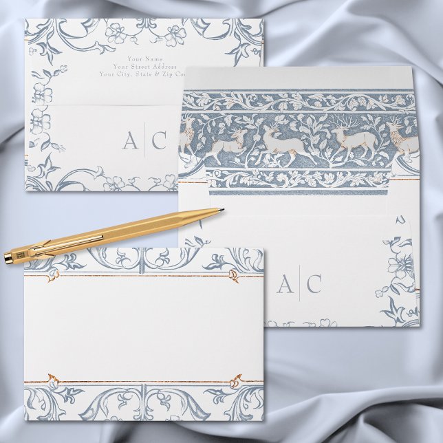 Medieval Fantasy Frame Blue Gold Etching Wedding Envelope (Medieval Fantasy Frame Blue Gold Etching Wedding Envelope)