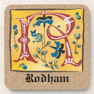 Medieval Floral Illuminated Letter R Monogram Coaster