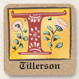 Medieval Floral Illuminated Letter T Monogram Coaster