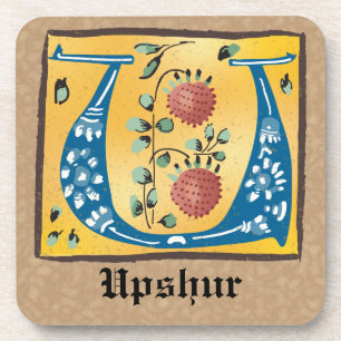 Medieval Floral Illuminated Letter U Monogram Coaster