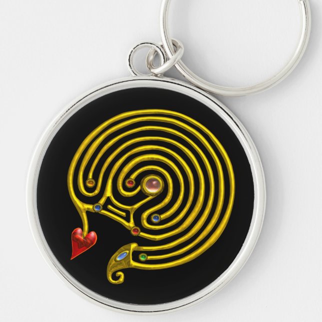 MEDIEVAL GOLD HYPER LABYRINTH WITH GEMSTONES Black Key Ring (Front)