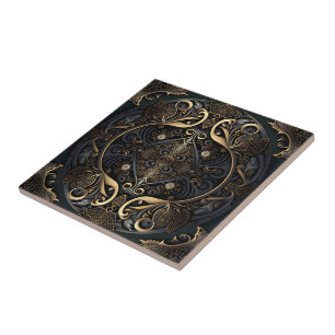 Medieval Golden color and black Engraved  Tile