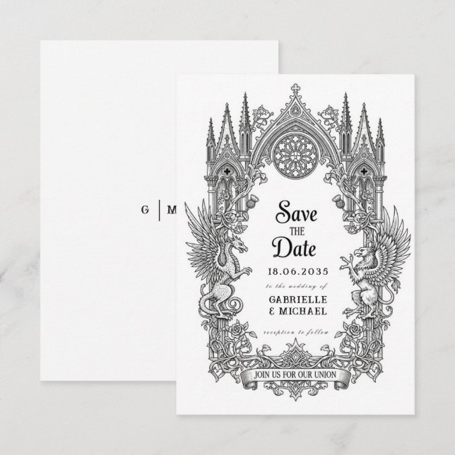 Medieval Gothic Dragon Griffin Black Etching Save  The Date (Front/Back)