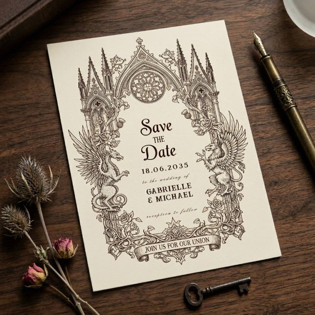 Medieval Gothic Dragon Griffin old paper Save The Date (Creator Uploaded)