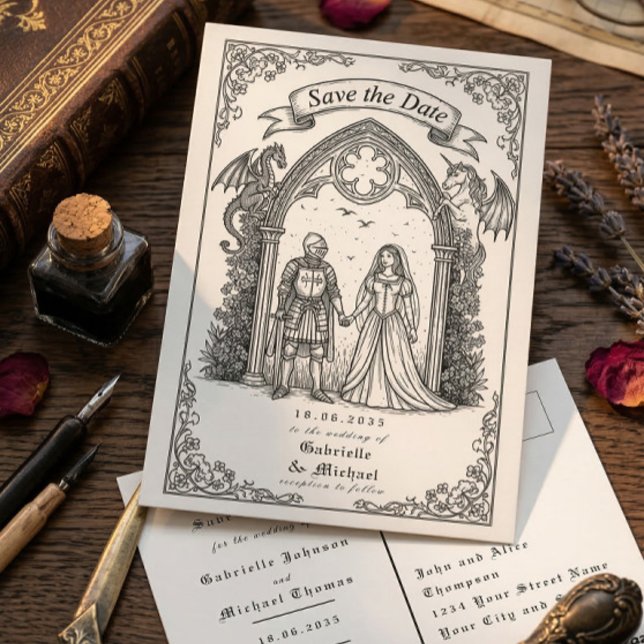 Medieval Gothic Knight Bride Groom Save The Date Postcard (Creator Uploaded)