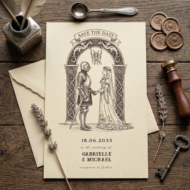 Medieval Gothic Knight  Sepia Wedding Save The Date (Creator Uploaded)