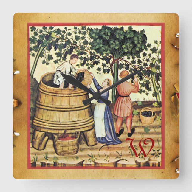 MEDIEVAL GRAPE VINEYARD HARVEST PARCHMENT MONOGRAM SQUARE WALL CLOCK (Front)